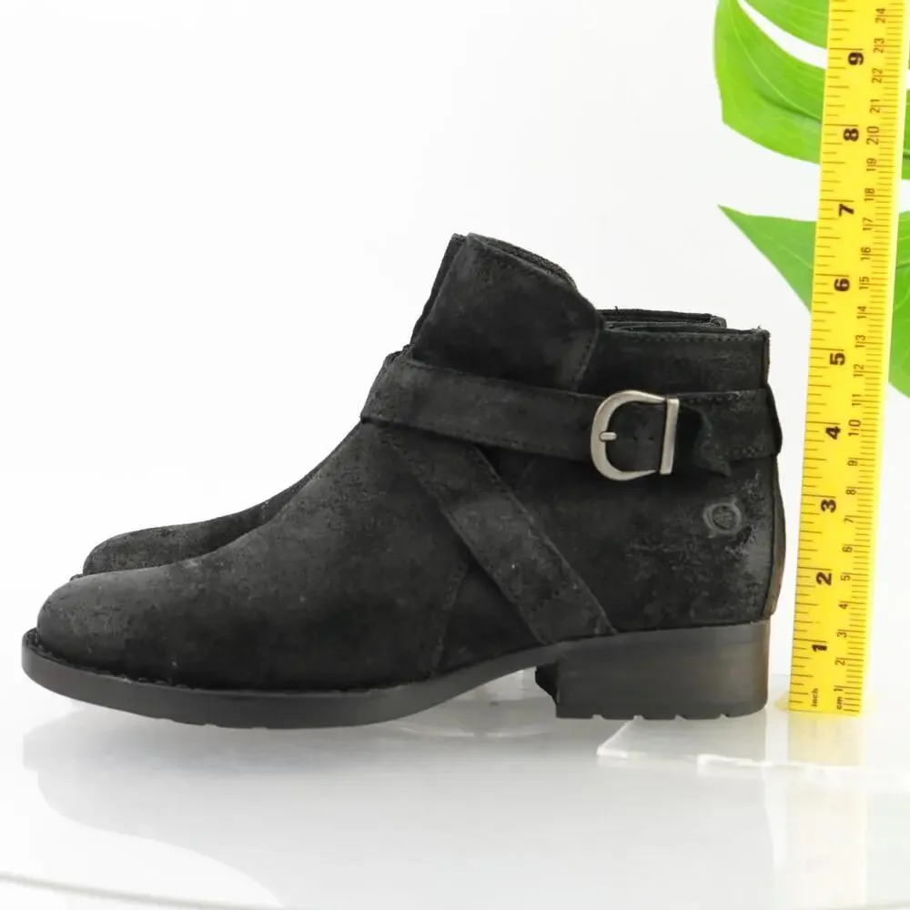 Born Womens Jorgette Boots Size 7.5 Black Suede Distressed Bootie Buckle Lo Heel